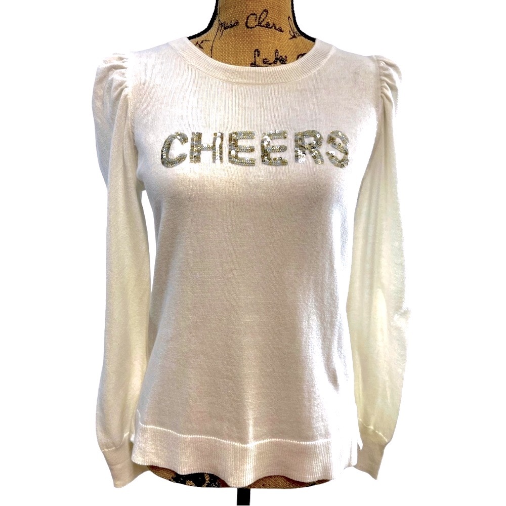 CHEERS Silver Sequin lightweight white long puff sleeves sweater NEW WITH TAGS